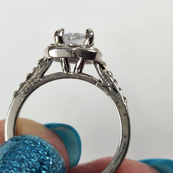 Halo Simulated Diamond Engagement Ring Round Cut Silver‎ Tone - Picture 9 of 11